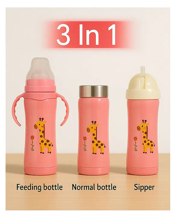 KIDS BASIC Baby 3 In 1 Stainless Steel Attractive Printed Multi-Functional Thermal Baby Straw Feeding Bottle With Handles - Pink - 240 ml