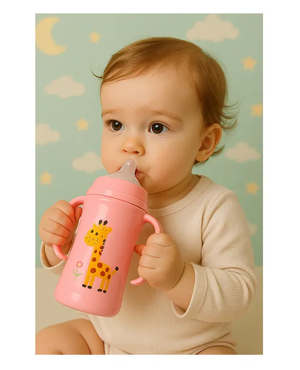 KIDS BASIC Baby 3 In 1 Stainless Steel Attractive Printed Multi-Functional Thermal Baby Straw Feeding Bottle With Handles - Pink - 240 ml