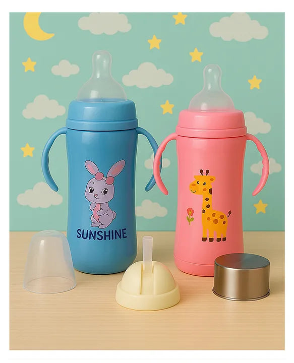 KIDS BASIC Baby 3 In 1 Stainless Steel Attractive Printed Multi-Functional Thermal Baby Straw Feeding Bottle With Handles - Pink - 240 ml