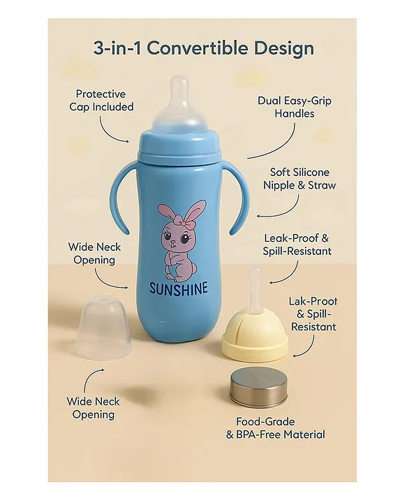 KIDS BASIC Baby 3 In 1 Stainless Steel Attractive Printed Multi-Functional Thermal Baby Straw Feeding Bottle With Handles - Pink - 240 ml