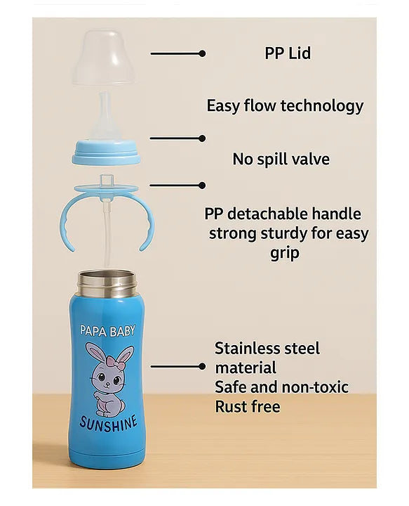 KIDS BASIC Baby 3 In 1 Stainless Steel Attractive Printed Multi-Functional Thermal Baby Straw Feeding Bottle With Handles - Pink - 240 ml