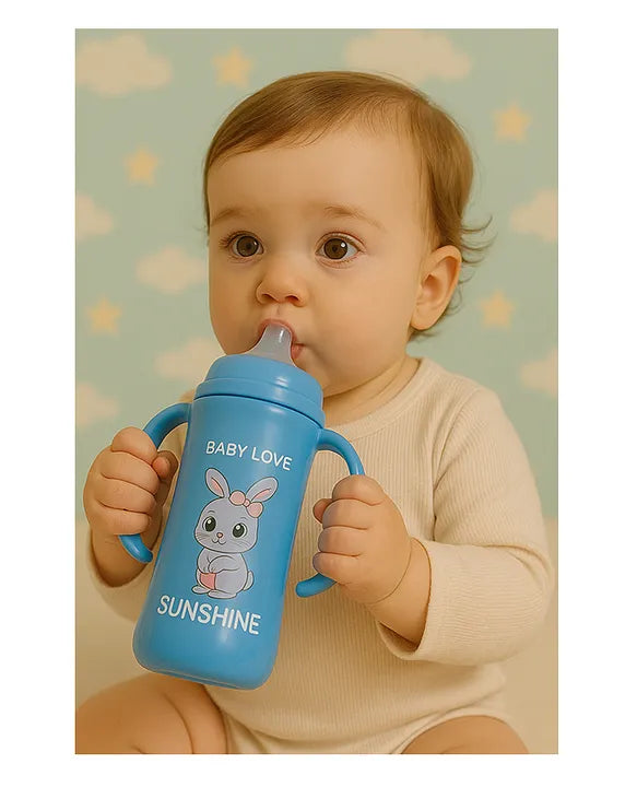 KIDS BASIC Baby 3 In 1 Stainless Steel Attractive Printed Multi-Functional Thermal Baby Straw Feeding Bottle With Handles - Pink - 240 ml