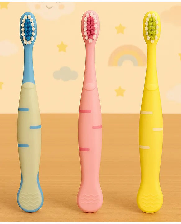 KIDS BASIC Cute Handle Soft Bristle With Tongue Scrapper Kids Toothbrush - Pink, Yellow & Green (Pack of 3)