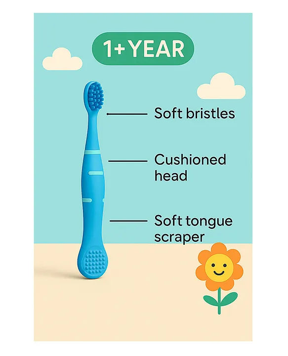 KIDS BASIC Cute Handle Soft Bristle With Tongue Scrapper Kids Toothbrush - Pink, Yellow & Green (Pack of 3)