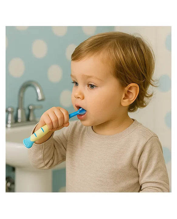 KIDS BASIC Cute Handle Soft Bristle With Tongue Scrapper Kids Toothbrush - Pink, Yellow & Green (Pack of 3)