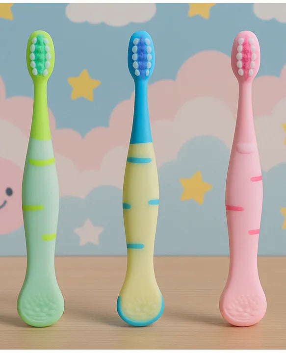 KIDS BASIC Cute Handle Soft Bristle With Tongue Scrapper Kids Toothbrush - Pink, Yellow & Green (Pack of 3)