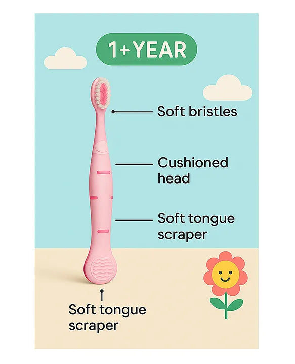 KIDS BASIC Cute Handle Soft Bristle With Tongue Scrapper Kids Toothbrush - Pink, Yellow & Green (Pack of 3)
