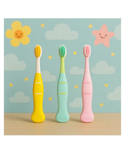 KIDS BASIC Cute Handle Soft Bristle With Tongue Scrapper Kids Toothbrush - Pink, Yellow & Green (Pack of 3)