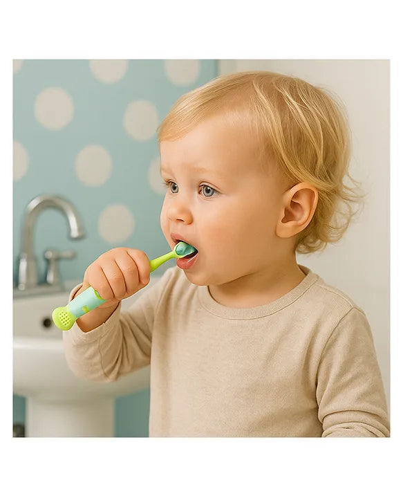 KIDS BASIC Cute Handle Soft Bristle With Tongue Scrapper Kids Toothbrush - Pink, Yellow & Green (Pack of 3)