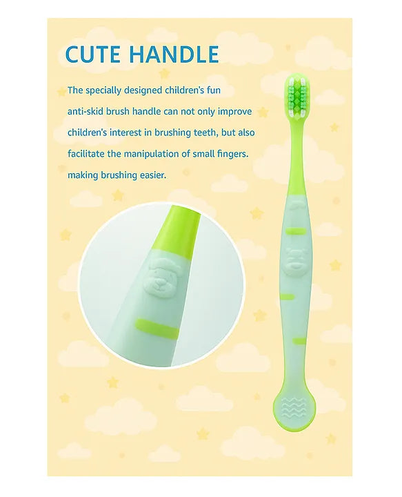 KIDS BASIC Cute Handle Soft Bristle With Tongue Scrapper Kids Toothbrush - Pink, Blue, Yellow & Green (Pack of 4)