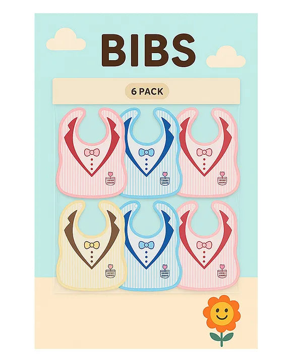 KIDS BASIC Baby Tie Printed Button Bibs - Blue & Pink (Pack of 6)