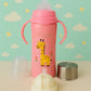 KIDS BASIC Baby 3 In 1 Stainless Steel Attractive Printed Multi-Functional Thermal Baby Straw Feeding Bottle With Handles - Pink - 240 ml