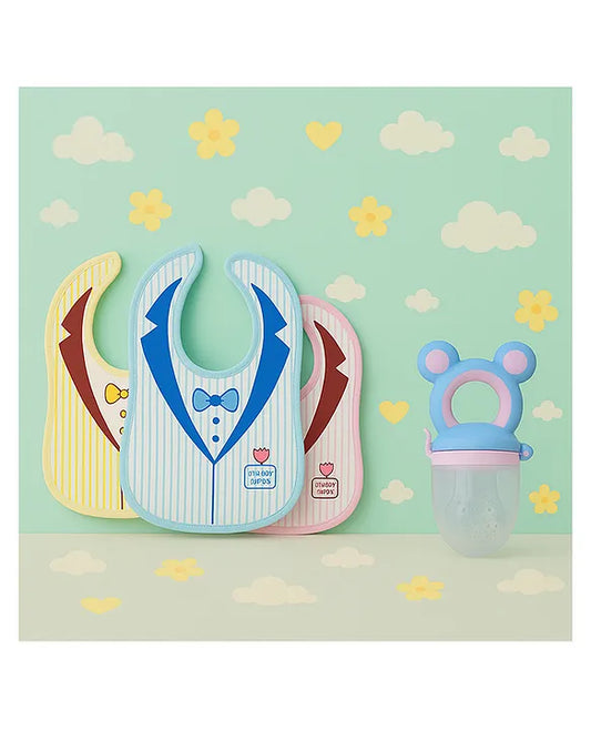 KIDS BASIC Premium Silicone Fruit Mickey Nibbler & 3 Snap Button Tie Printed Bibs - Pink & Multicolor (Pack of 4)