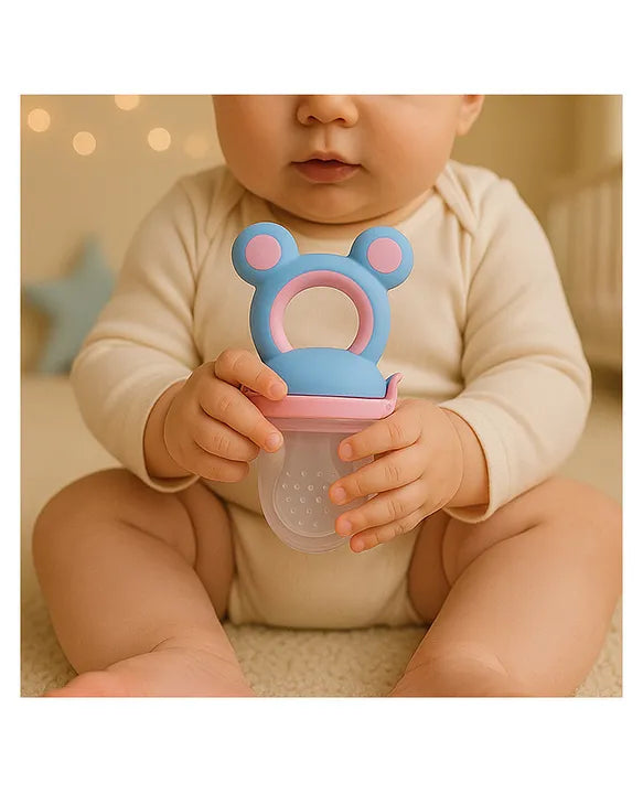 KIDS BASIC Premium Silicone Fruit Mickey Nibbler & 3 Snap Button Tie Printed Bibs - Pink & Multicolor (Pack of 4)