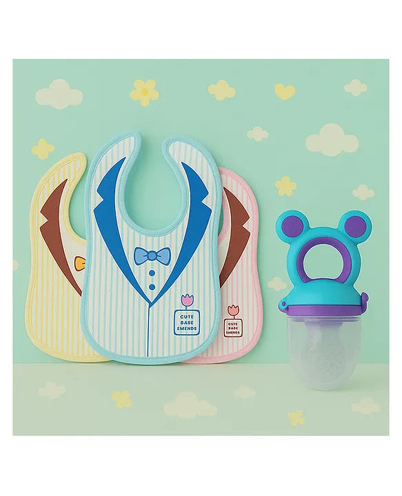 KIDS BASIC Premium Silicone Fruit Mickey Nibbler & 3 Snap Button Tie Printed Bibs - Pink & Multicolor (Pack of 4)