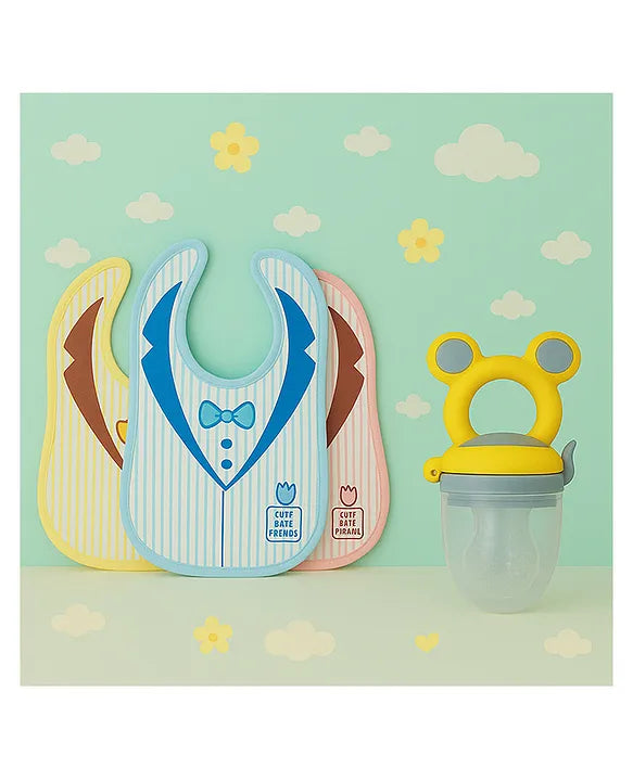 KIDS BASIC Premium Silicone Fruit Mickey Nibbler & 3 Snap Button Tie Printed Bibs - Pink & Multicolor (Pack of 4)