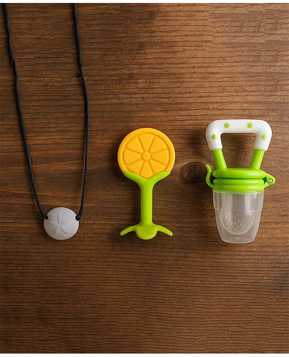 KIDS BASIC Presents Combo For 3+ Months Baby To 1+ Year Old Babies Which Includes 1 Tlismi Moti , 1Teether and 1 fruit feeder