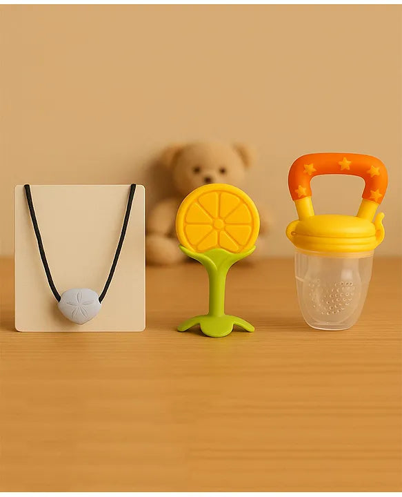 KIDS BASIC Presents Combo For 3+ Months Baby To 1+ Year Old Babies Which Includes 1 Tlismi Moti , 1Teether and 1 fruit feeder