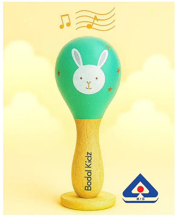 KIDS BASIC Wooden Hand Rattle Toy for Babies - Bunny Print | Natural & Safe Musical Toy