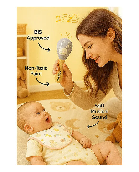 KIDS BASIC Wooden Hand Rattle Toy for Babies - Bunny Print | Natural & Safe Musical Toy