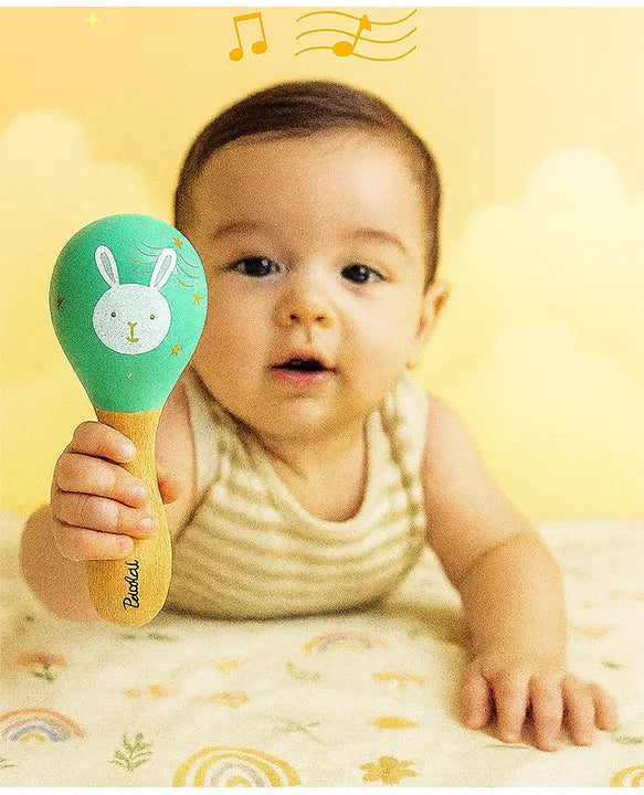 KIDS BASIC Wooden Hand Rattle Toy for Babies - Bunny Print | Natural & Safe Musical Toy