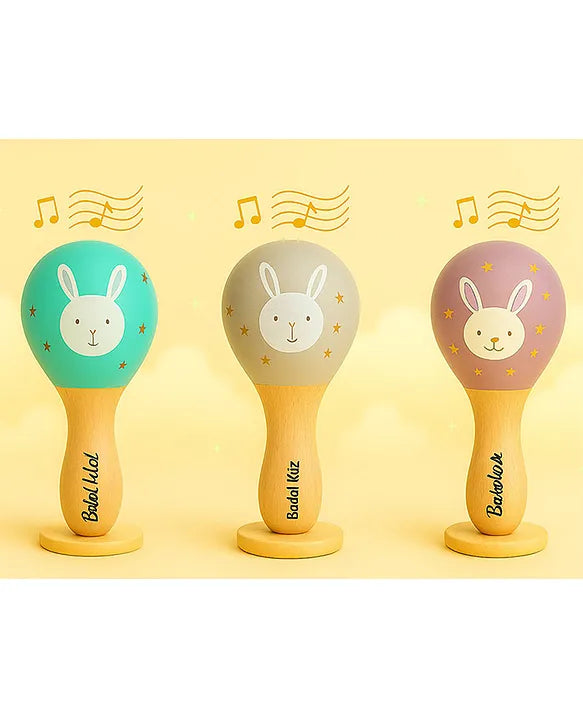KIDS BASIC Wooden Hand Rattle Toy for Babies - Bunny Print | Natural & Safe Musical Toy