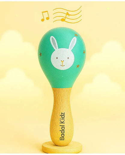 KIDS BASIC Wooden Hand Rattle Toy for Babies - Bunny Print | Natural & Safe Musical Toy