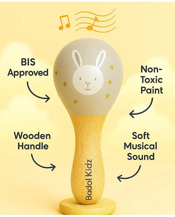 KIDS BASIC Wooden Hand Rattle Toy for Babies - Bunny Print | Natural & Safe Musical Toy