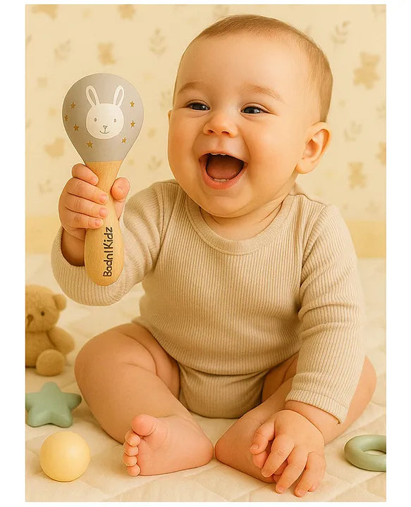 KIDS BASIC Wooden Hand Rattle Toy for Babies - Bunny Print | Natural & Safe Musical Toy