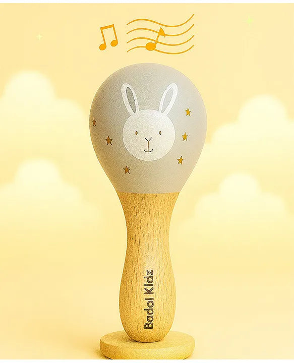 KIDS BASIC Wooden Hand Rattle Toy for Babies - Bunny Print | Natural & Safe Musical Toy