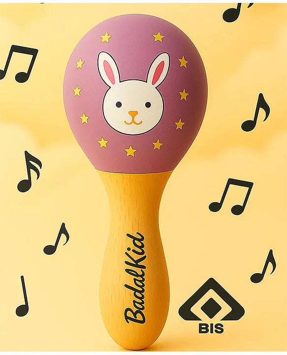 KIDS BASIC Wooden Hand Rattle Toy for Babies - Bunny Print | Natural & Safe Musical Toy