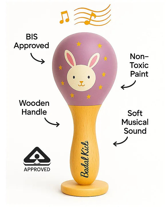 KIDS BASIC Wooden Hand Rattle Toy for Babies - Bunny Print | Natural & Safe Musical Toy