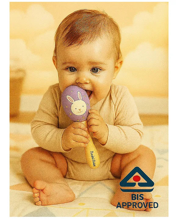KIDS BASIC Wooden Hand Rattle Toy for Babies - Bunny Print | Natural & Safe Musical Toy