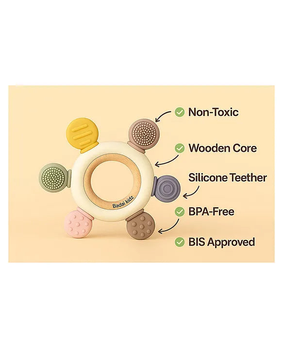KIDS BASIC  BPA-Free & BIS Approved Wooden-Silicone Flower Teether for Babies - Textured Surface for Gum Relief (0M+)