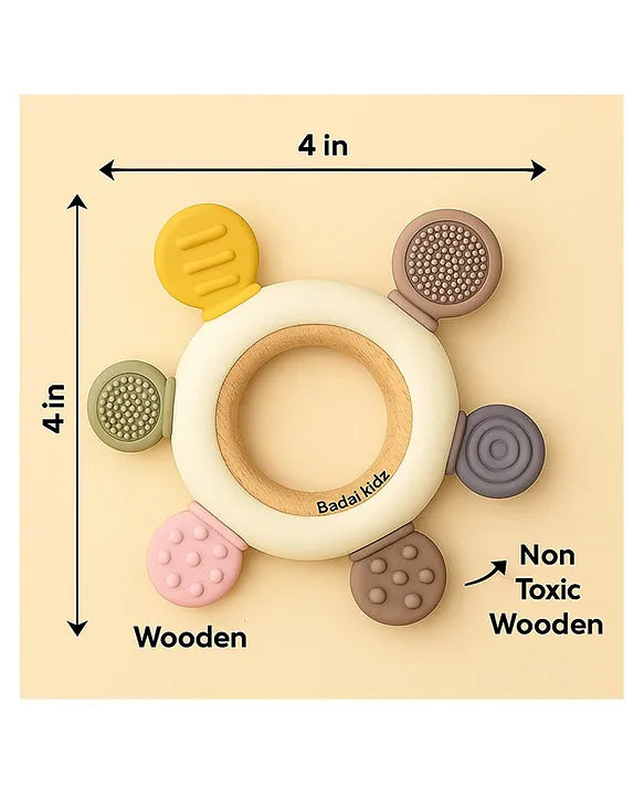 KIDS BASIC  BPA-Free & BIS Approved Wooden-Silicone Flower Teether for Babies - Textured Surface for Gum Relief (0M+)