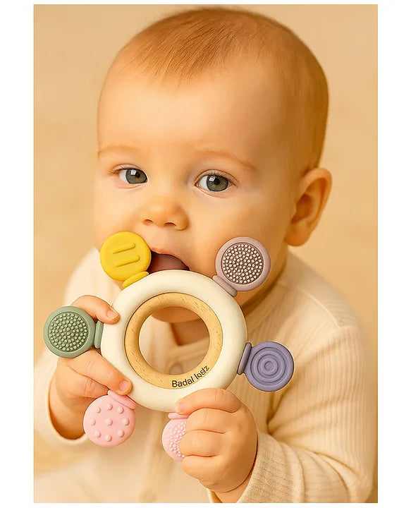 KIDS BASIC  BPA-Free & BIS Approved Wooden-Silicone Flower Teether for Babies - Textured Surface for Gum Relief (0M+)