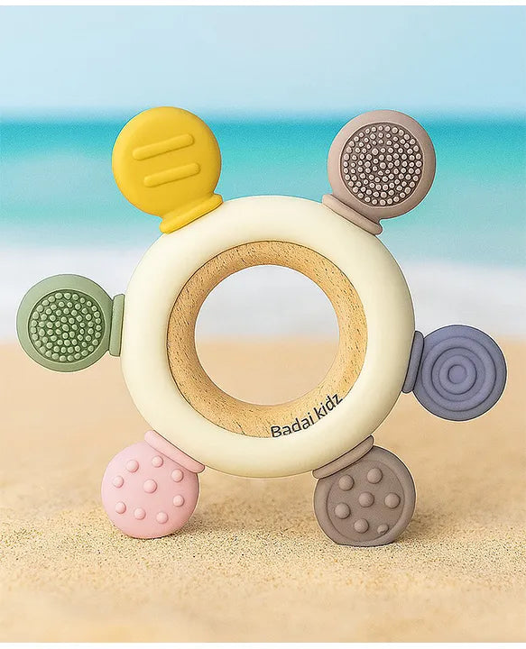 KIDS BASIC  BPA-Free & BIS Approved Wooden-Silicone Flower Teether for Babies - Textured Surface for Gum Relief (0M+)