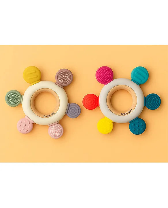 KIDS BASIC  BPA-Free & BIS Approved Wooden-Silicone Flower Teether for Babies - Textured Surface for Gum Relief (0M+)