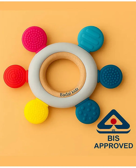 KIDS BASIC  BPA-Free & BIS Approved Wooden-Silicone Flower Teether for Babies - Textured Surface for Gum Relief (0M+)