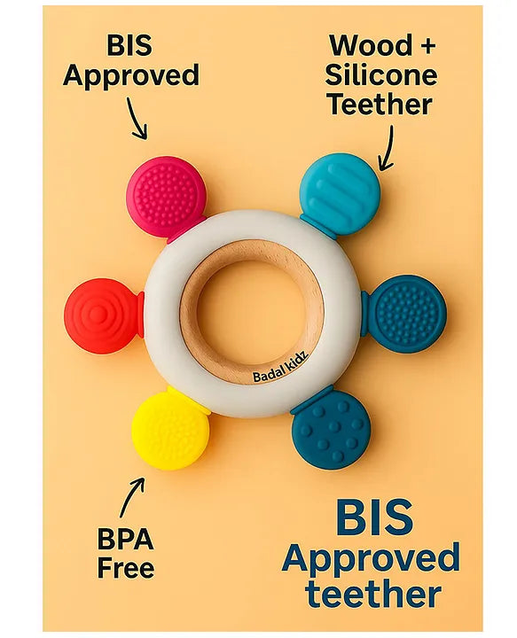 KIDS BASIC  BPA-Free & BIS Approved Wooden-Silicone Flower Teether for Babies - Textured Surface for Gum Relief (0M+)