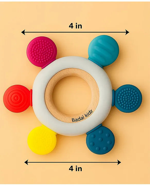 KIDS BASIC  BPA-Free & BIS Approved Wooden-Silicone Flower Teether for Babies - Textured Surface for Gum Relief (0M+)