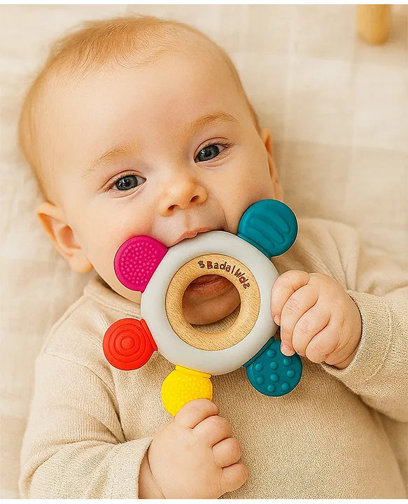 KIDS BASIC  BPA-Free & BIS Approved Wooden-Silicone Flower Teether for Babies - Textured Surface for Gum Relief (0M+)