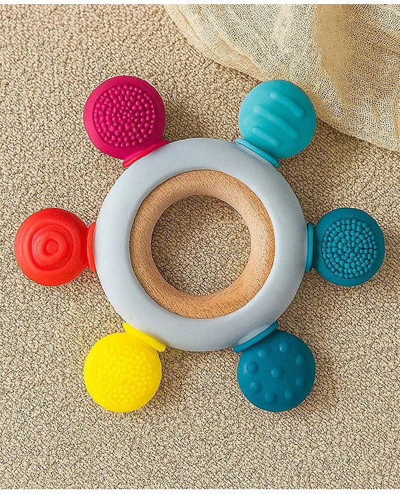 KIDS BASIC  BPA-Free & BIS Approved Wooden-Silicone Flower Teether for Babies - Textured Surface for Gum Relief (0M+)