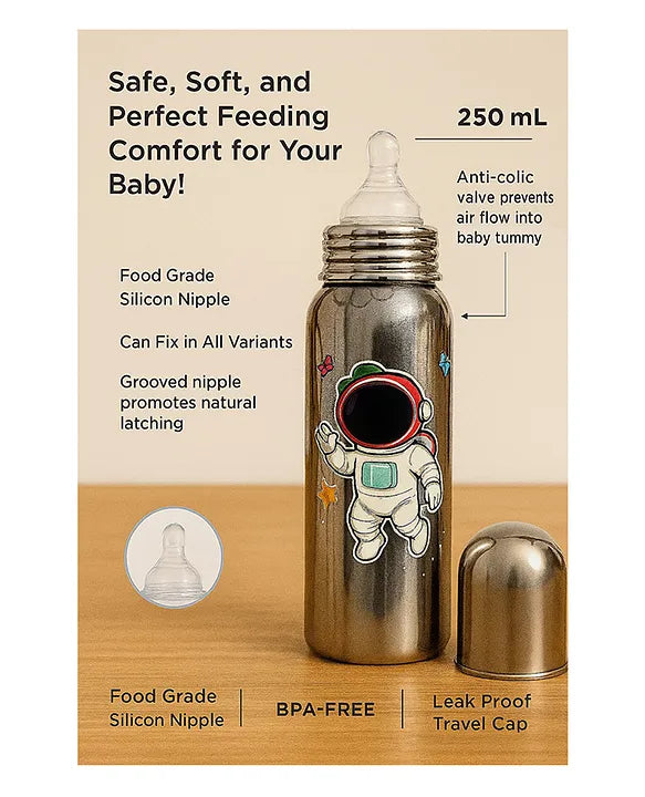 KIDS BASIC Baby Feeding Bottle, Steel Body with Nipple & Cap 250 ml