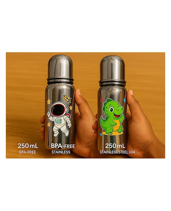 KIDS BASIC Baby Feeding Bottle, Steel Body with Nipple & Cap 250 ml