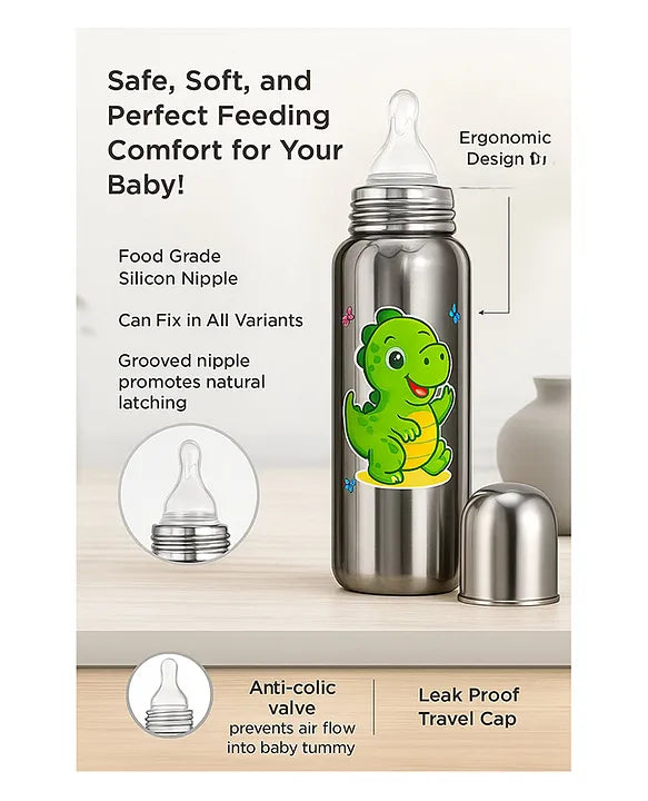 KIDS BASIC Baby Feeding Bottle, Steel Body with Nipple & Cap 250 ml