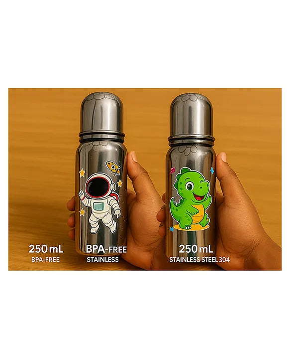 KIDS BASIC Baby Feeding Bottle, Steel Body with Nipple & Cap 250 ml