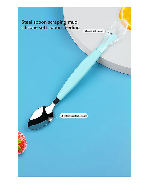 KIDS BASIC 2 In 1 Spoon Fruit Scrapping One Side and Other Soft Silicone Spoon- Green