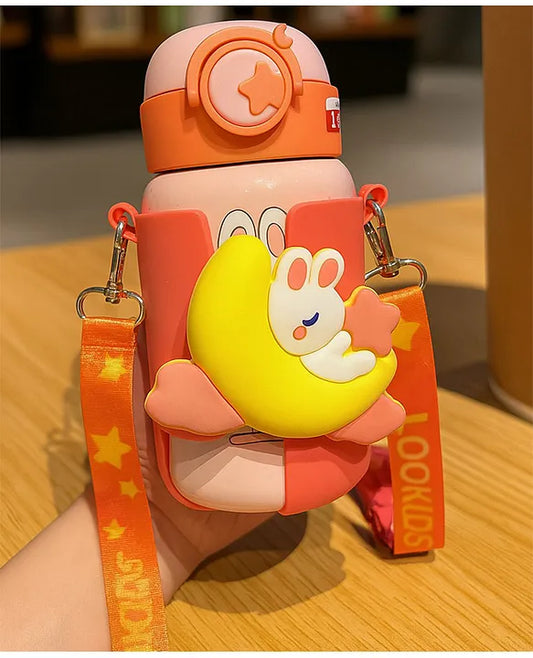 KIDS BASIC  Cute Bunny Design Sipper Bottle with Adjustable Strap - Leakproof & Portable for Kids - 500ml (Pink)