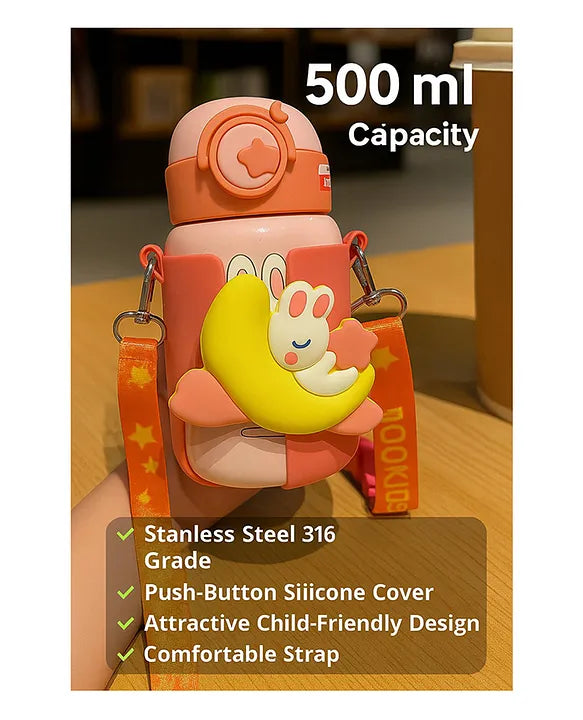 KIDS BASIC Cute Bunny Design Sipper Bottle with Adjustable Strap - Leakproof & Portable for Kids - 500ml